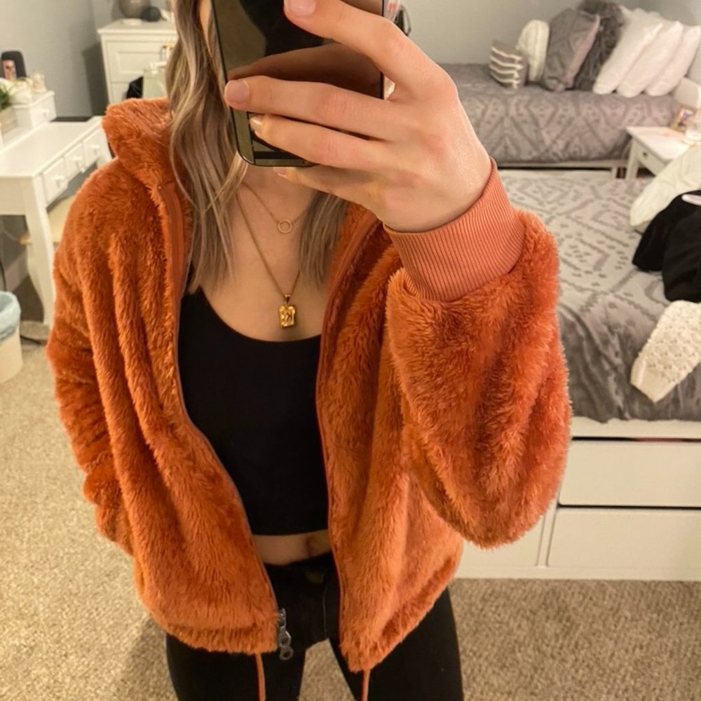 Joy Lab Rust Orange Fuzzy Soft Zip Up Jacket